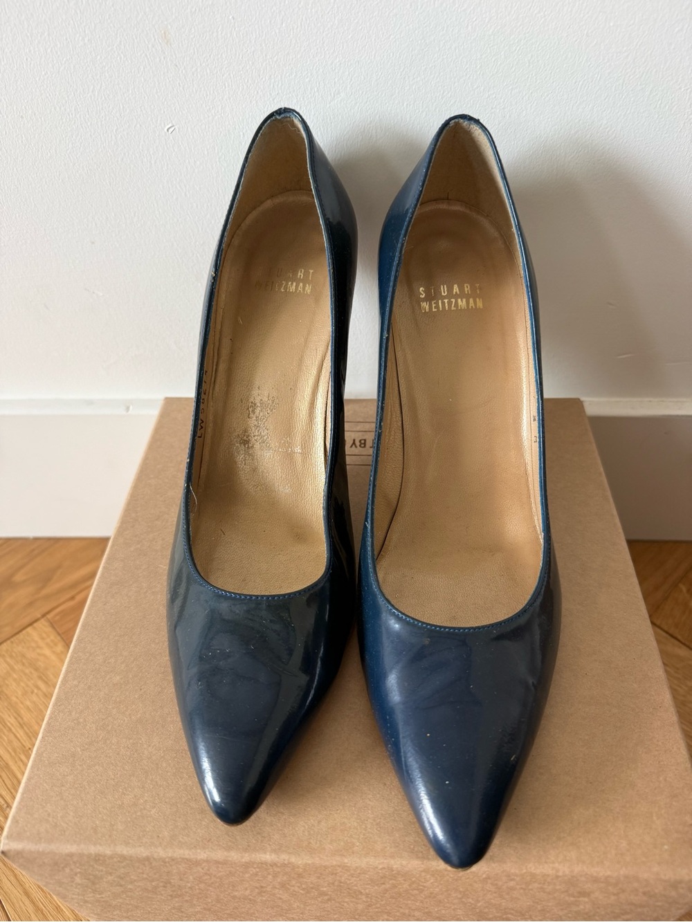 Stuart Weitzman Navy Patent Leather Pointed Pumps